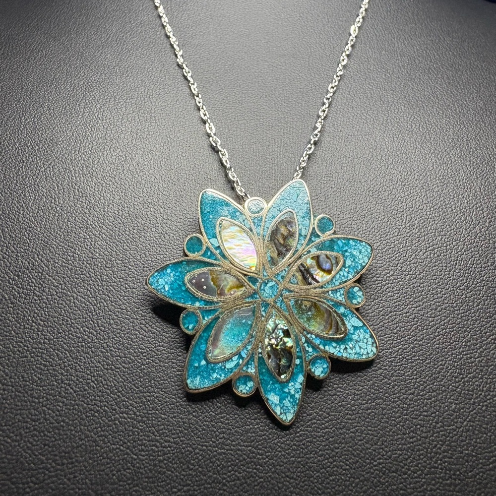 Pendant Brooch 925 Solid Sterling Silver Turquoise Inlay Abalone Floral - Picture 2 of 5